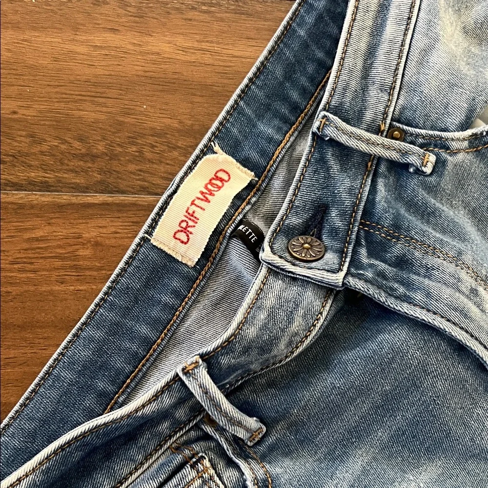 DRIFTWOOD Light Blue Flare Jeans with Cream Floral Embroidery - Picture 2 of 5